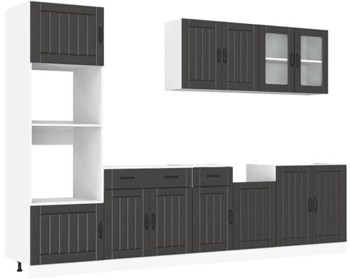 Mhdvray Kalmar - Juego de muebles de cocina (7 piezas, incluye armario bajo el fregadero, armarios colgantes con puerta de cristal y armario alto, fácil de limpiar, madera y bloque de cocina)