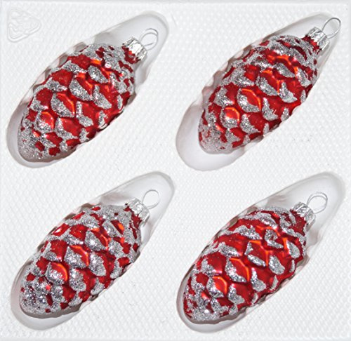 4 TLG. Glas-Tannenzapfen Set in Classic Rot Silber - Christbaumkugeln - Weihnachtsschmuck-Christbaumschmuck