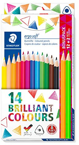 STAEDTLER ergosoft 157 Buntstifte – 12 + 2 Farben, inkl. Neon | Dreikantformat, weiche Mine, rutschfeste Soft-Oberfläche – für Kinder – Art.-Nr. 157 C14P1