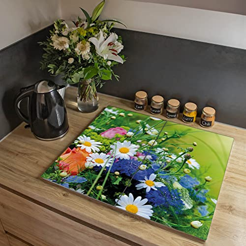 banjado Ceranfeld Abdeckung Glas 2-teilig 60x52 cm, Herdabdeckplatten und Schneidebrett Küche aus gehärtetem Glas, dekorativer Küchen Spritzschutz Blumen & Pflanzen mit Motiv Blumenstrauß