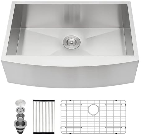 Kichae 33 Inch Farmhouse Kitchen Sink Apron Front Stainless Steel 16 Gauge Single Bowl Farm Sinks Deep Bowl Farmer Kitchen Sinks Farm Style Handmade Sink