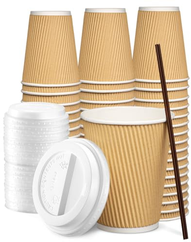 Comfy Package GUSTO [100 Sätze - 12 oz.- 360 ml] Isolierte Pappbecher mit Rillen, heiße Kaffeetassen mit Deckel - Formerly