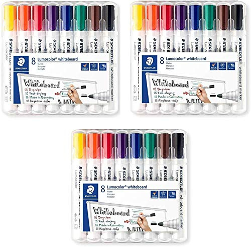 Staedtler Lumocolor 351 WP8 Whiteboard-Marker (Rundspitze ca. 2 mm Linienbreite, Set mit 8 Farben (1 Pack, 3 Packungen)