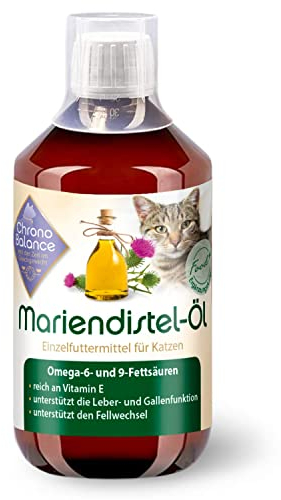 ChronoBalance 500ml Mariendistelöl für Katzen, Nahrungsergänzungsmittel, reich an Vitamin E, Omega-6 und Omega-9, Unterstützung für Gewebe und Fell, inkl. Messbecher