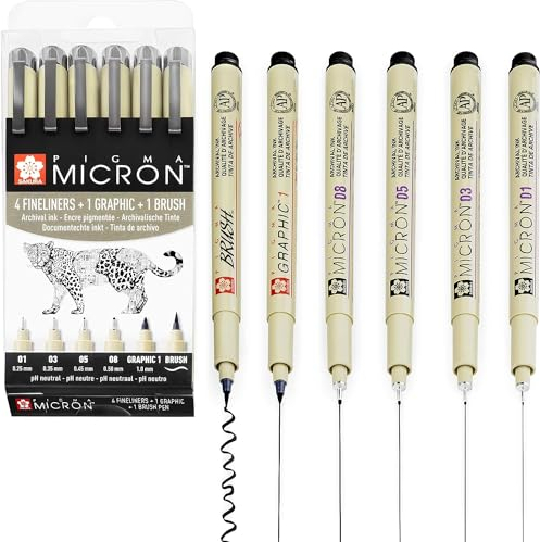 SAKURA Pigma Micron - Fineliner Pigment Pens - 01/03/05/08/Graphic/Brush - Pack of 6 - Black Ink