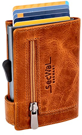 SecWal Kartenetui mit Münzfach Reißverschluss - Made in Germany - Echtleder Geldbörse inkl. E-Book für Damen und Herren - RFID Schutz Portemonnaie Leder - Geldbeutel klein (Dallas Cognac)