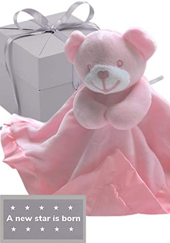 BUSHBABY 'A new star is born' new baby gifts comfort blanket in box | baby girl gift pink for mum | baby comforters| plush teddy security blanket| baby soft toy| newborn baby gifts