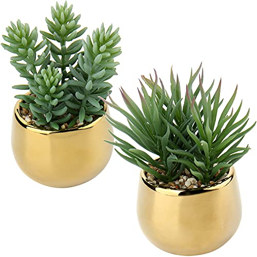 Briful 2 PCS Fake Plants Artificial Succulent Plants, Faux Succulents in Geometric Gold Ceramic Pots Fake Succulent Indoor Plants for Home Office Bathroom Bedroom Decor