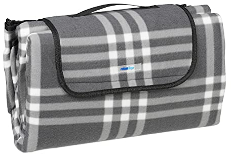 Relaxdays XXL picknickfilt, 200 x 200 cm, fleece strandfilt, värmeisolerad, vattentät, med bärhandtag, grå/vit