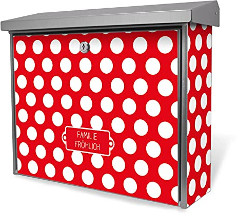 banjado® Burgwächter Briefkasten Edelstahl 38,5x31,5x12cm mit Motiv Punkte Rot/Briefkasten Edelstahl ohne Zeitungsfach/Briefkasten grau/Postkasten inkl. Montagematerial & 2 Schlüsseln
