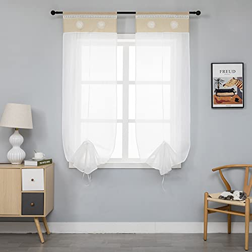 Coppia Tende Bianche Semi Trasparenti Orlo Superiore Beige con Centrini Ricamati Tenda Misto Lino Stile Shabby Chic per Camera Balcone Finestra e Interni 2 Pannelli con Tasca (Beige, 60x240cm)