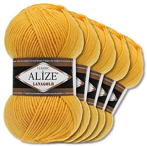 Wohnkult Alize 5 x 100 g Lanagold Wolle | 53 Auswahl | Stricken Häkeln Wolle (216 | Gelb)