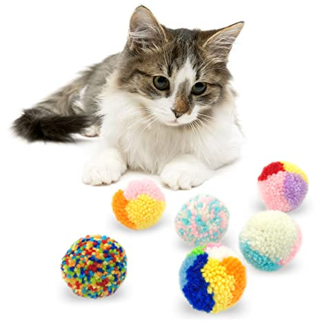 Andiker 6Pcs Assorted Color Cat Ball Toys, Interactive Colorful Woolen Yarn Cat Balls, Pom Pom Cats Balls Kitten Chasing Toys for Indoor Cats