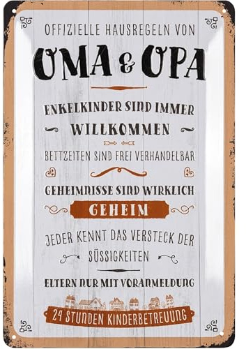 LANOLU Retro Blechschild Geschenk für Oma und Opa Pension - lustige HAUSREGELN - Metallschild mit Sprüchen - für Großeltern die Ihre Enkelkinder lieben, 20x30 cm