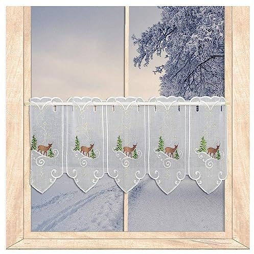 atelier alles-Spitze Stickerei-Scheibengardine Winterhirsch | Hochwertige Kurzgardine, Bestickt mit winterlichem Waldmotiv in Weiß, Gold, Braun und Grün | Höhe x Breite 45 x 64 cm