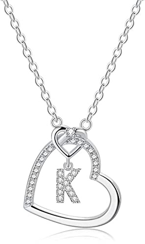 LIHELEI Damen Halskette Herz Buchstabe 925 Silber Kette Damen Personalisiere Kette, Geburtstags und Weihnachten Geschenk Für Frauen Mädchen Mama Freundin - K