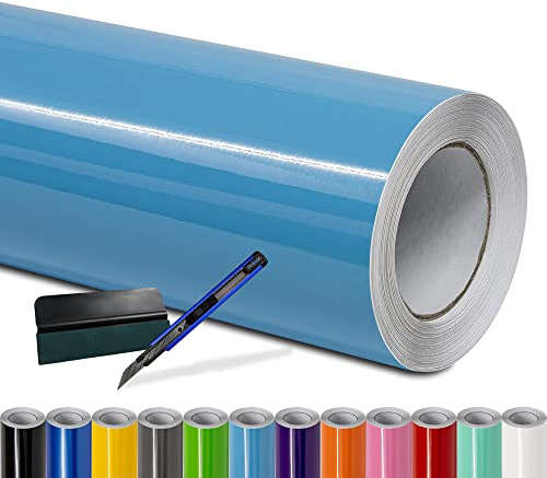 Folindo Autofolie Hell Blau Glanz (23€/m²) - 50 x 152 cm - Selbstklebende Auto Lackschutzfolie mit Luftkanal Technik – Blasenfreie Auto Folierung inkl. Rakel & Cutter – Car Wrapping Folie