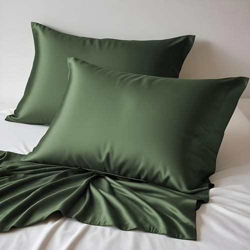 LINENWALAS 100% Organic Bamboo Pillow Cases Pack of 2- Silk Pillowcases for Hair and Skin, Soft, Breathable, Cooling Pillowcases for Standard Size Pillow (Standard, Avocado Green)