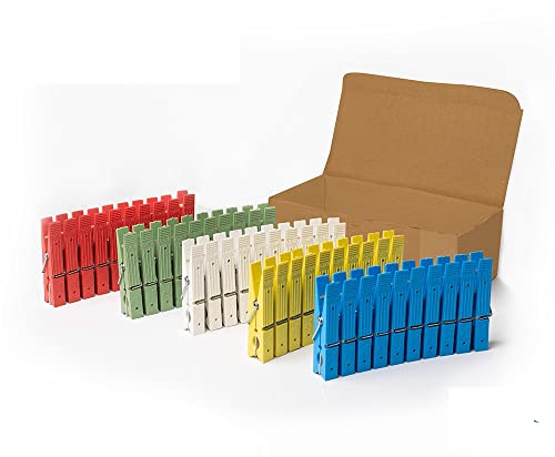 Mollette per bucato in plastica e legno, resistenti raggi UV, pack da 50 mollette, 5 colori assortiti, bucato pesante, tovaglie, asciugamani, coperte