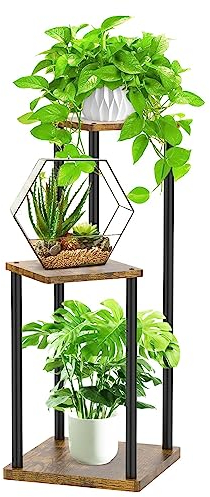 LyTaispuly 3 Etagen Metall-Pflanzenständer Indoor, Holz Tiered Corner Plant Stand Pot Holder, Modern Blumenregal Display Rack für Wohnzimmer Schlafzimmer Outdoor Balkon Garten Terrasse, Schwarz