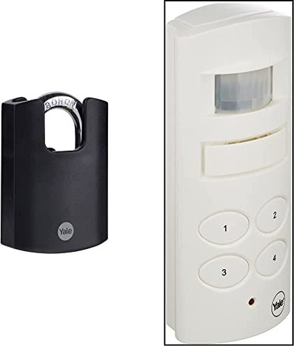 Yale Y121B/50/132/1 - Brass Closed Shackle Padlock - Black Outdoor Weatherproof Lock for Chain, Door, Gate, Toolbox - 3 Keys - High Security & SAA5015 Wireless Shed and Garage Alarm, 100dB Siren