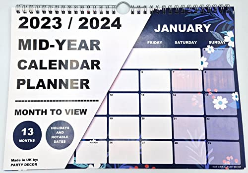 A4 Größe Drahtbindung Floral Mitte Jahr Kalender 2023–2024 – Monatsansicht – ideal für Zuhause, Büro, Klassenzimmer oder Arbeitsplatz – inkl. Monate August 2023 – August 2024