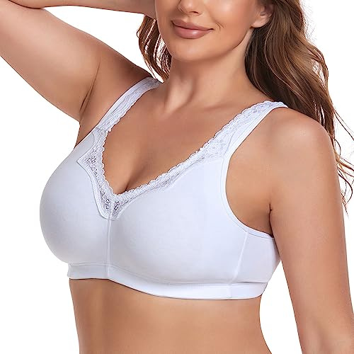 Ayigedu Women's Wireless Plus Size Lace Comfort Cotton Bra Full Coverage Unlined Minimizer Bra 44C White