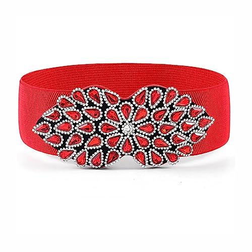 Bohend Crystal Flower Elastic Belt Wide Stretchy Belt Rhinestone Cinch Belts for Dress Vintage Waist Belt for Women and Ladies