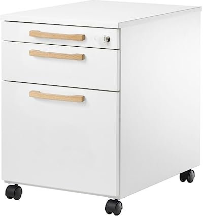Rollcontainer mit Schubladen, abschließbar & vormontiert, Aktenschrank mit Utensilienauszug, Holz Büroschrank, Schreibtisch Schrank mit Holzgriffen, Büro Unterschrank mit Hängeregisterauszug weiß