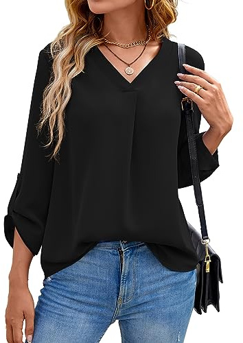 Yommay långärmade tröjor för kvinnor, blus, sommar, elegant, V-ringad, tunika, långtröja, topp, flytande, korta ärmar, chiffongtoppar, Kläder, svart, S