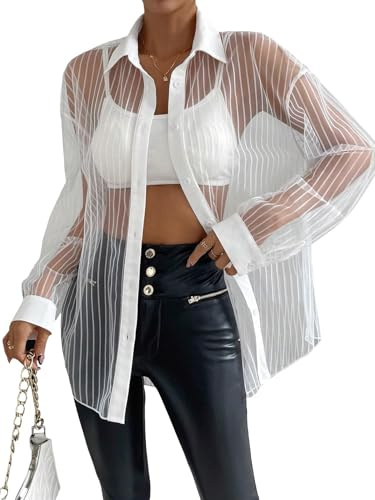 Milumia Women Sheer Button up Shirt Long Sleeve See Through Mesh Top Sexy Oversized Blouse White