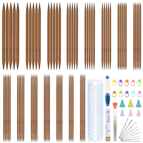 Coopay Bambus Stricknadeln Set, 75 Stück Doppelspitzen Stricknadel mit Strickzubehör, 20 cm Leicht Gerade Nadelspiel, 2,0-10 mm Stricknadeln für Socken Stricken Anfänger Sockennadeln, Karbonisierung