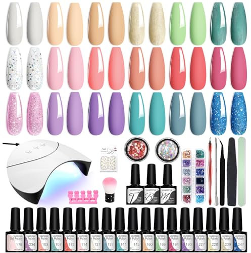 VANREESA Gel Nail Kit, 18 Colours Gel Nail Polish Set with Lamp Starter Kit Pink Blue Purple Spring Summer Colours U V Nail Polish Set with Base and Top Coat Manicure DIY at Home Gifts for Women