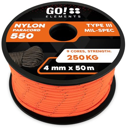 GO!elements Paracorde en Nylon 4mm – 550 Type III, Ligne Robuste adaptée comme Fil de pêche ou Filet Utilitaire | Charge Max. 250kg