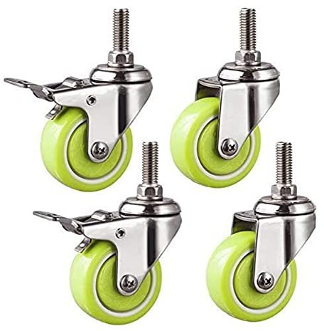 Lenkrollen, Bockrollen 40 mm 4 x PU-Lenkrolle for Möbel, Bolzen M10 x 25 mm, Tragfähigkeit 100 kg, grünes Trolley-Lenkrollenrad mit Bremse, Edelstahlhalterung, for Krankenhäuser, Sofas, Nachttischroll