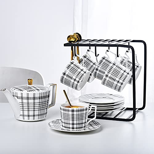 DDKYHU Set da tè in Porcellana per Adulti Set da tè con teiera Set di Tazze da caffè Moderne e Piattino Tazzine da caffè in Ceramica per Ufficio Domestico,4cups (6cups)