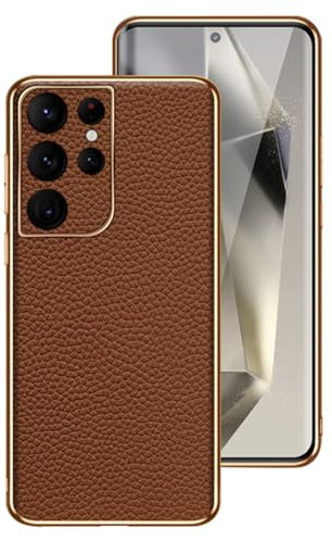 LUOTILAG Cover per Samsung Galaxy S24 Ultra/S24 Plus/S24, Placcatura Sottile Cover Protezione Dell'obiettivo Texture Litchi Custodie de Vera Pelle Cover,Ottone,S24 Ultra