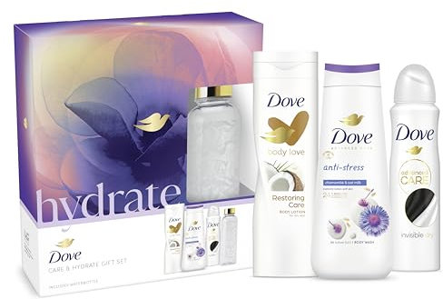 Dove Care & Hydrate Moisturising Gift Set with a water bottle gifts for her 3 piece