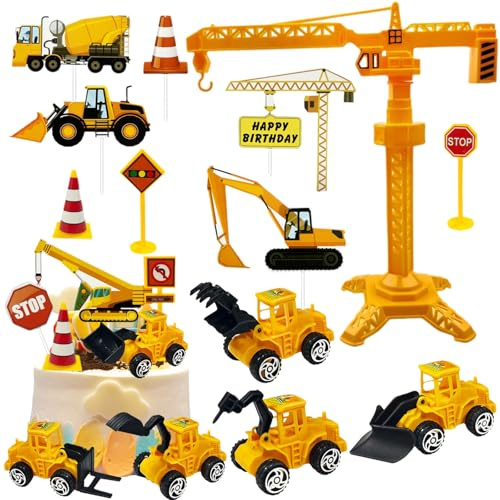 Tortendeko Baustelle, 18 Stück Bagger Kuchendeko, Baustellenfahrzeuge Verkehrsschilder, Kunststoff Bagger Spielzeugauto, Bagger Cake Topper, Baustellen Fahrzeuge Tortendeko