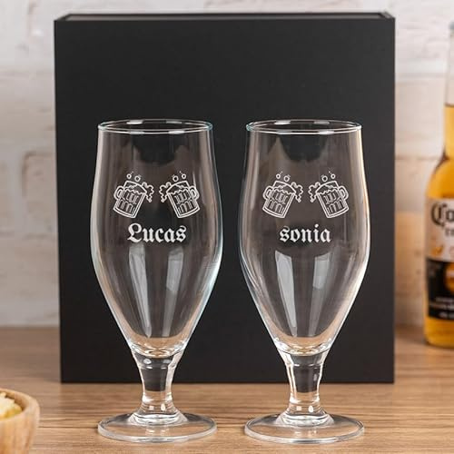 Wanapix | Pack de Verre à Bière Personnalisable | 50 cl. | 2 Verres à Bière avec Nom, âge et Date de naissance | Verres écologiques sans plomb | Cadeau original pour les brasseurs | Chopes trinquant