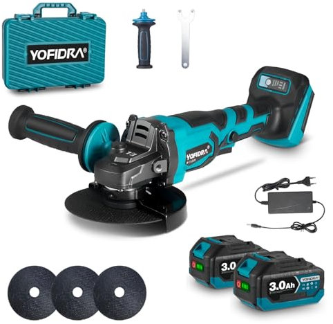 Yofidra Akku Winkelschleifer 125mm, 50mm Schnitttiefe, 850W 8000RPM Kabelloser Winkelschleifer mit 2 3.0Ah Akkus, 3 Schneidemesser, 3 Gang für Schneiden Schleifen Polieren