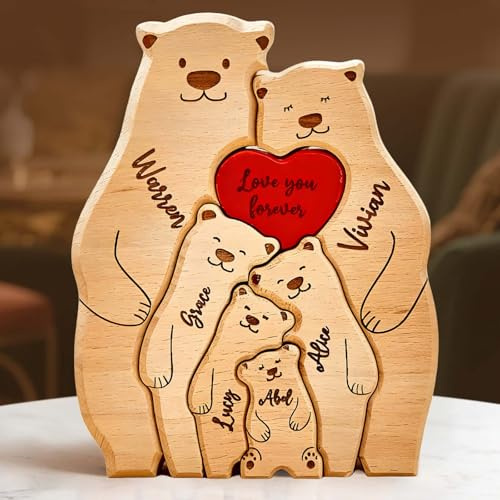 Personalisiertes Puzzle mit Namen, Bärenfamilie Holzpuzzle Skulptur, Familienpuzzle mit 2–6 Bären Figuren & Rotes Herz, Personalisierte Geschenke für Familie, Mama und Papa zum Muttertag Geburtstag