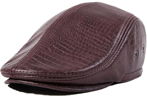 SYXSM Lederhut für Herren, Leder Schiebermütze, Newsboy-Mütze mit Ohrenklappen, Hut aus Krokodilleder, Flatcap, Warm, Ohrenschutz,Braun,XXL
