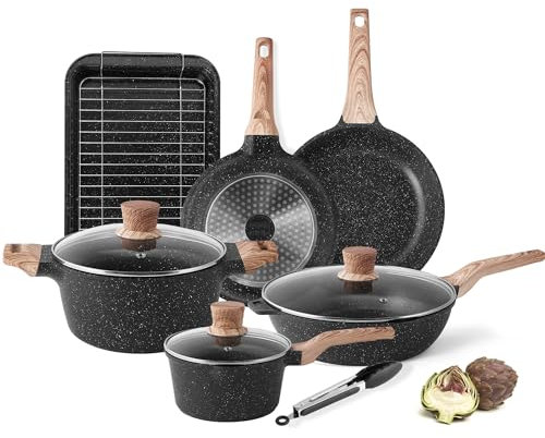 RIOVARM Induzione Set di pentole e padelle, Antiaderente In granito Set di pentole con coperchi, Senza PFOA utensili da cucina, Padella, Casseruole, Teglia da forno, teglia per arrosti