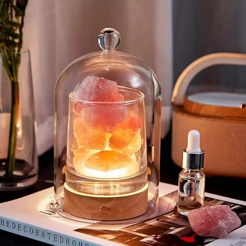 2 in 1 Himalayan Salt Lamp and Ultrasonic Essential Oil Diffuser, Fire Free Aromatherapy Light with 2 Essential Oils, Aromatherapy, 3 Colors USB Rechargeable with Dust Glass Cover (Pink Stone)