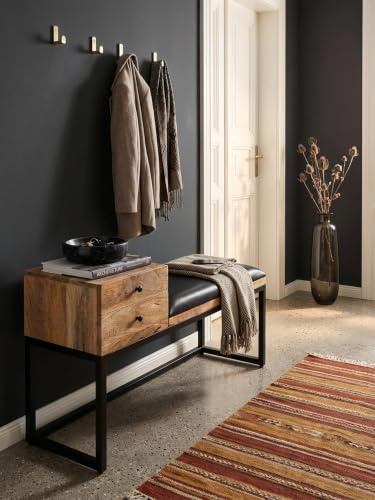KADIMA DESIGN Sitzbank Ziegenleder/Massivholz Bank 100x60x35 cm im Retro Stil | Flur Polsterbank Metall mit Stauraum | Gepolsterte Lederbank Aufbewahrung Schwarz | Kleine Bettbank