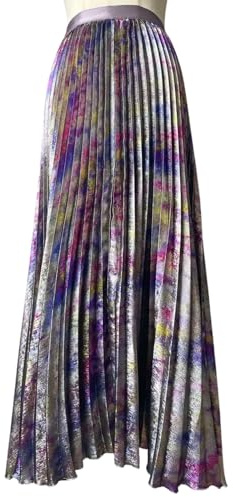 Kalamet Women's Metallic Pleated Midi Skirt – Shiny Finish, High Waist Bias Cut A-Line Swing Long Skirt