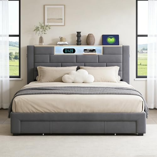BRILVERDE Polsterbett 140x200 cm, Doppelbett mit LED-Beleuchtung und USB Typ C, Stauraumbett mit 3 Schubladen, Jugendbett mit Stauraum-Kopfteil und Lattenrost, Bettgestell, Samt, Grau, Ohne Matratze