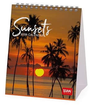 Legami - Calendrier de Bureau 2026, Sunsets, 12 Mois et Calendrier Annuel, en 6 Langues, Signes du Zodiaque, Fêtes Internationales, 12 X 14,5 Cm.