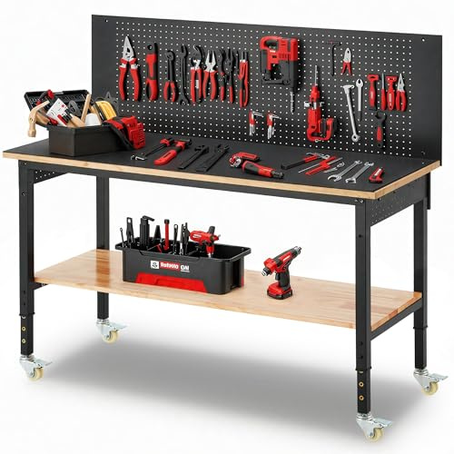 DNYKER 60 Adjustable Height Workbench, 3000 LBS Heavy Duty Work Table for Garage,Rubber Wood Workstation with USB Power Outlets/Wheels/Pegboard for Workshop, Office, Home
